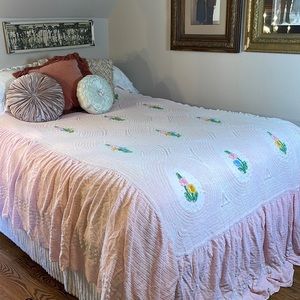 Vintage Pink Floral Chenille Full Bedspread With Pink, Blue & Yellow Flowers